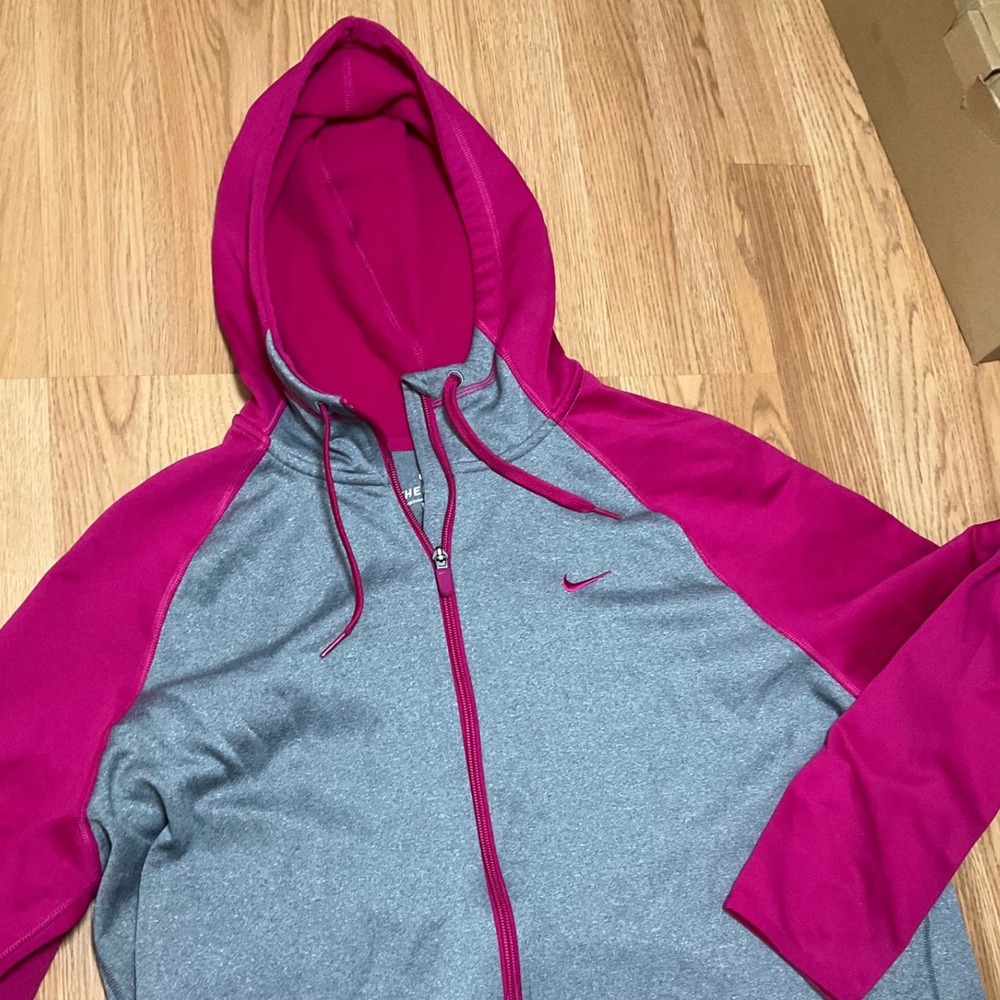Nike Therma-FIT Womens Full Zip Hoodie Grey Pink Colorblock XL Thumbholes - Picture 2 of 10